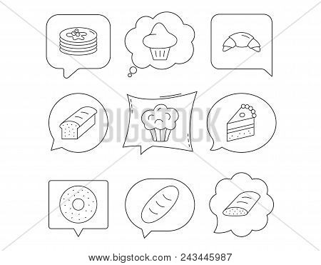 Croissant, Cake And Bread Icons. Muffin, Brioche And Sweet Donut Linear Signs. Pancakes With Syrup F