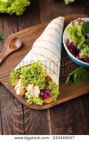 Grilled Tortilla With Chicken, Mayo And Tomato Ketchu....grilled Tortilla Chicken, Lettuce, Homemade