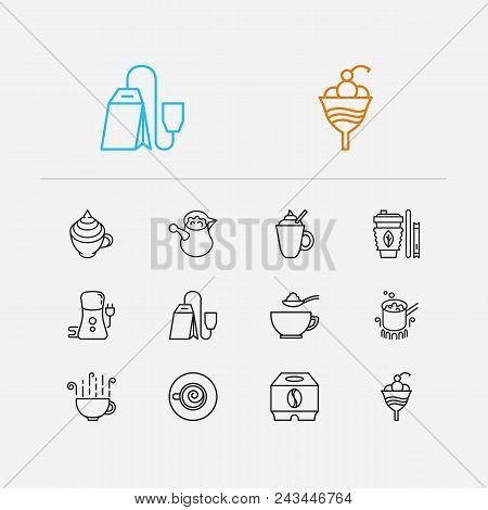 Cafe Icons Set. Takeaway Tea And Cafe Icons With Cocktail, Stovetop Espresso And Coffee Grinder. Set