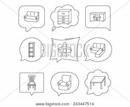 Corner Sofa, Table And Armchair Icons. Chair, Ceiling Lamp And Chest Of Drawers Linear Signs. Shelvi
