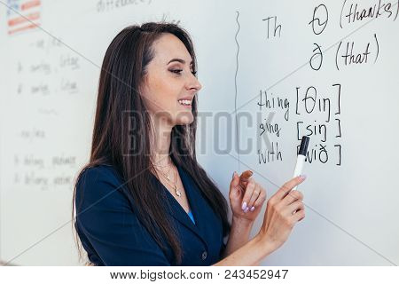 Teacher Near Whiteboard Explains The Rules. Learn Foreign Language