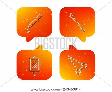 Blood Donation, Scalpel And Pipette Icons. Peans Forceps Linear Sign. Orange Speech Bubbles With Ico