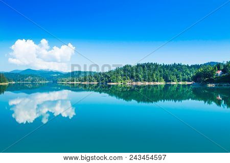 Panoramic View Of Beautiful Lokvarsko Lake With Risnjak Mountain In Background, Beautiful Colorful M