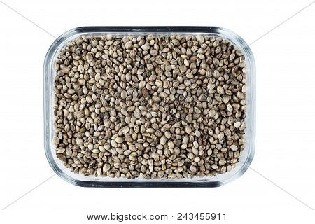 Hemp Seeds In A Plate Isolated On White Background, Place For Text