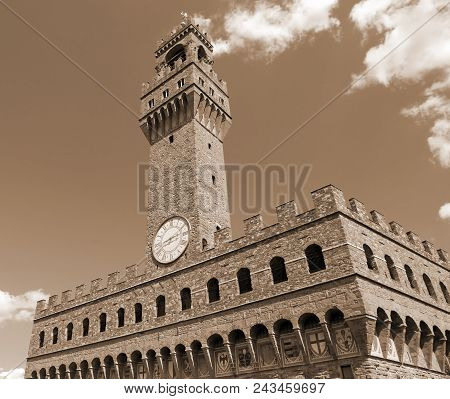 Florence In Italy The Old Palace Also Called Palazzo Vecchio In Italian Language And Clock Tower Wit
