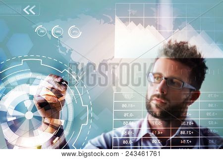 Thoughtful Young Businessman With Digtal Business Interface. Technology, Innovation And Communicatio