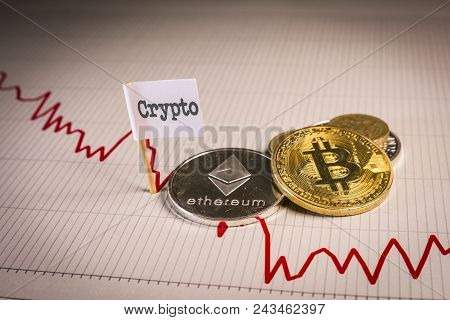 Financial Bear Market Falling Concept With Physical Bitcoin And Ethereum Over A Red Down Chart And A