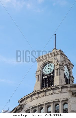 Tokyo, Japan - March 2, 2017 : Ginza Seiko Clock Tower, Ginza District In Tokyo, Japan.