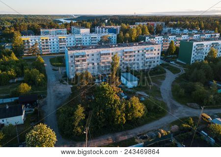 Bird's eye view of houses in urban-type settlement Nikolskiy, Leningrad region, Russia.