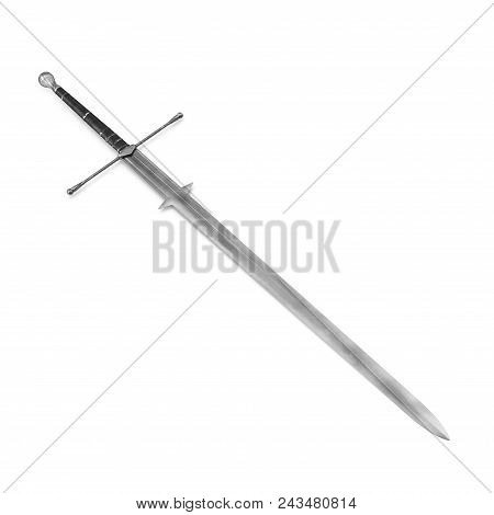 Medieval Double Edged Two Handed Sword On White. 3d Illustration