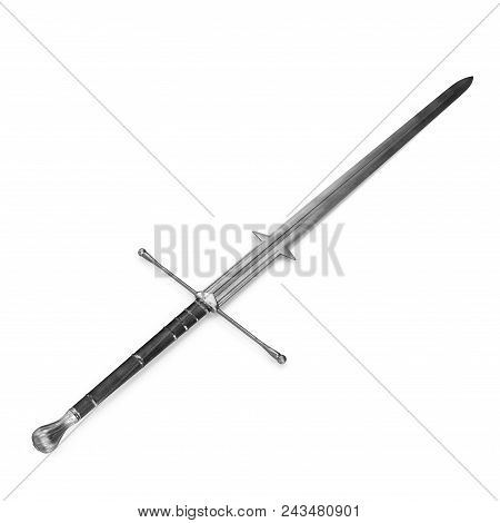 Medieval Double Edged Two Handed Sword On White. 3d Illustration