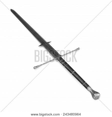Medieval Double Edged Two Handed Sword On White. 3d Illustration