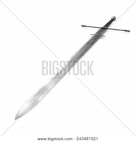 Medieval Double Edged Two Handed Sword On White. 3d Illustration