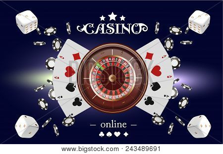 Casino Background Roulette Wheel With Playing Cards, Dice And Chips. Online Casino Poker Table Conce