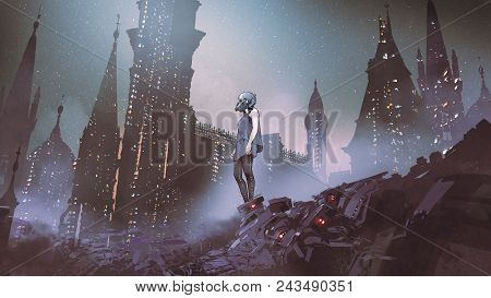 Cyborg Woman Standing On Piles Of Electronic Waste Against Futuristic City, Digital Art Style, Digit