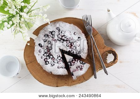Homemade Berry Cake With Bird Cherry Flour In Icing Sugar. Tasty Bird Cherry Cake Served With White 