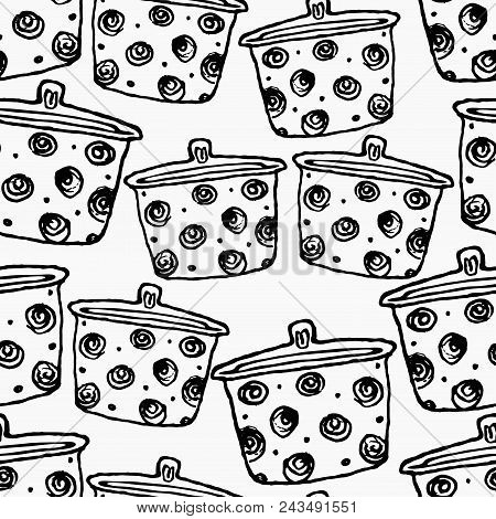 Seamless Pattern With Kitchen Pan. For Background Or Textile. Vector Handdrawn Objects
