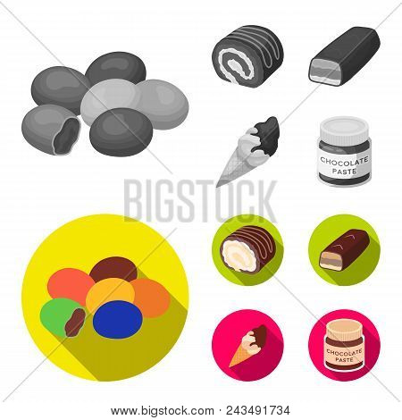 Dragee, Roll, Chocolate Bar, Ice Cream. Chocolate Desserts Set Collection Icons In Monochrome, Flat 