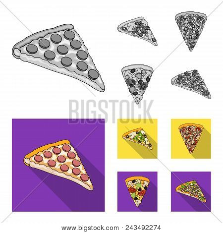 A Slice Of Pizza With Different Ingredients. Different Pizza Set Collection Icons In Monochrome, Fla