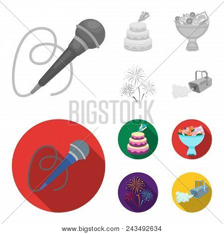 Hand Making A Cake With Cream, A Microphone With A Cord, A Bouquet Of Roses With A Greeting Card, A 