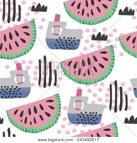 Cute Seamless Childish Pattern With Watermelon And Ship. Tropical Illustration. For Kids Clothing, T