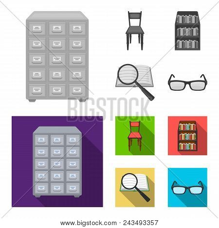 Cabinet With Filing Cabinet, Chair, Shelves, Information Search. Library And Bookstore Set Collectio