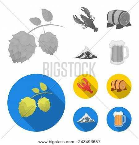 Alps, A Barrel Of Beer, Lobster, Hops. Oktoberfest Set Collection Icons In Monochrome, Flat Style Ve