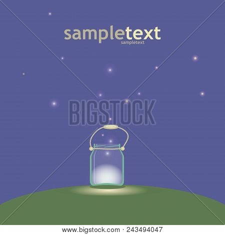 Glass Jar With A Rope Handle With Fireflies On A Glade Glade At Night In The Dark Illustration Postc