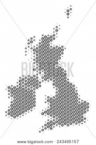 Football Ball Great Britain And Ireland Map. Vector Geographic Plan In Grey Color. Abstract Great Br
