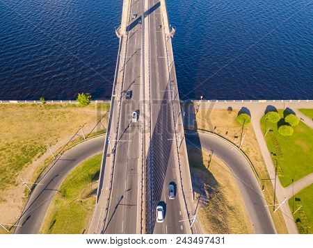 An Aerial View Of The Vansu Bridge Or Suspension Bridge That Spans The River Daugava In The Latvian 