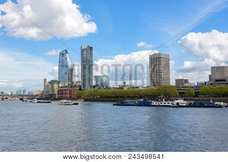 Panorama Of South Bank Of The Thames River In Central London, Uk