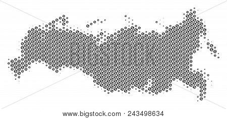 Football Ball Russia Map. Vector Geographic Scheme In Grey Color. Abstract Russia Map Mosaic Is Crea