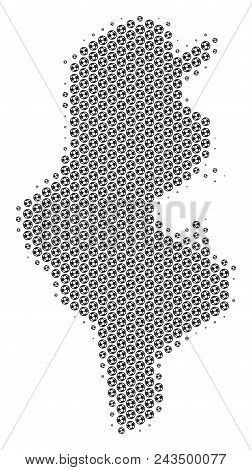 Football Ball Tunisia Map. Vector Geographic Scheme In Gray Color. Abstract Tunisia Map Mosaic Is Cr