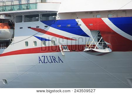 Velsen, The Netherlands - May 29th, 2018: Azura P & O Cruises On North Sea Canal Towards Amsterdam, 