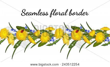 Seamless Border With Dandelions Isolated On White. Excellent Print For Greeting Cards, Clothes, Bed 