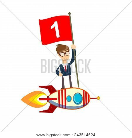 Happy Businessman Holding Number One Flag Standing On Rocket Ship Flying Through Sky. Start Up Busin