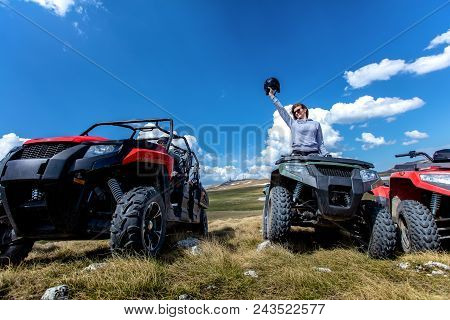 Friends Driving Off-road With Quad Bike Or Atv And Utv Vehicles.