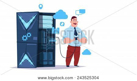 Data Storage Cloud Center With Hosting Servers And Staff. Computer Technology, Network And Database,