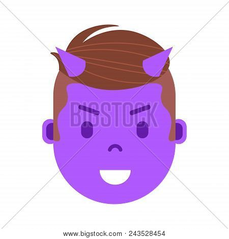 Boy Head Emoji Personage Icon With Facial Emotions, Avatar Character, Man Devil Face With Different 