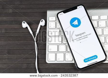 Sankt-petersburg, Russia, June 2, 2018: Telegram Application Icon On Apple Iphone X Screen Close-up.
