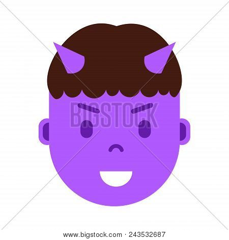 Boy Head Emoji Personage Icon With Facial Emotions, Avatar Character, Man Devil Face With Different 