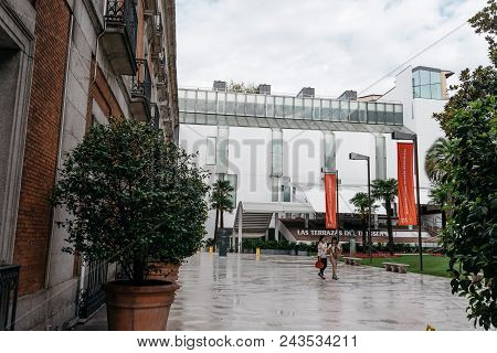 Madrid, Spain - June 2, 2018: Female Asian Tourists At Entrance To Thyssen-bornemisza Museum. It Is 