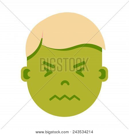 Boy Head Emoji Personage Icon With Facial Emotions, Avatar Character, Man In Sickness Face With Diff