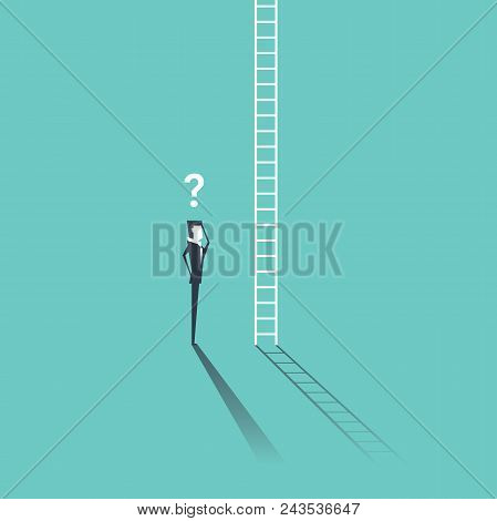Businessman Looking At A Ladder Going Up The Cloud With A Question Mark Above His Head. Business Con