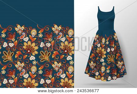 Floral Seamless Pattern With Oriental Hand Drawing Ornament. Vector Illustration In Asian Textile St