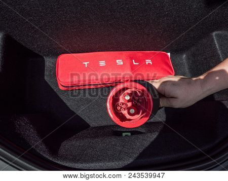 Urmond, Netherlands - May 31, 2018. Charging Cable For Electric Motor Type2 