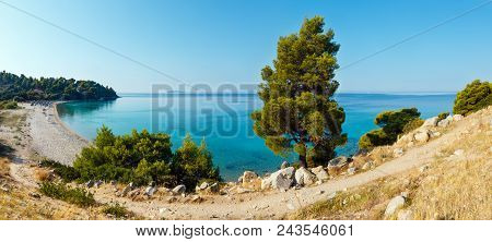 Morning Sandy Kaviou Beach. Summer Top View (nikiti, Sithonia, Halkidiki, Greece). People Are Unreco