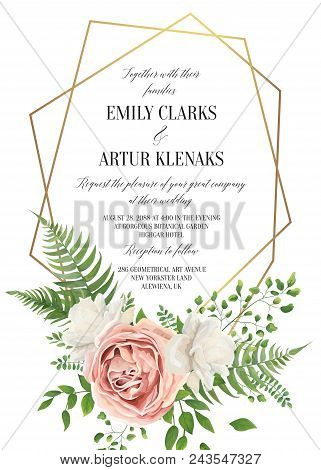 Wedding Floral Invite, Invtation Card Design. Watercolor Style Blush Pink Rose, White Garden Peony F