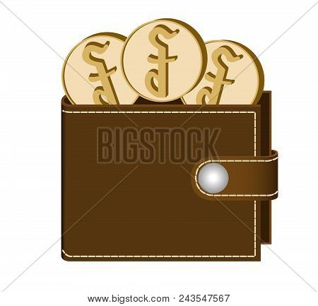 Brown  Wallet With Riel Coins On A White Background , Currency In The Wallet,sign And Symbol Currenc