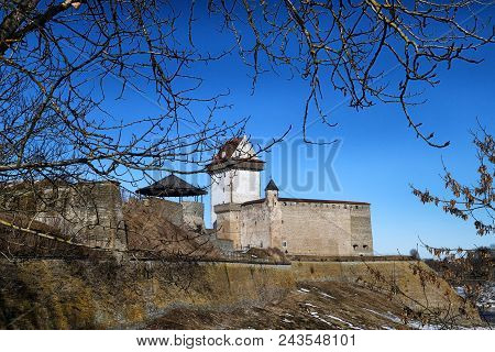 Narva, Estonia - March 30, 2018: View Of The Ivangorod And Narva Fortress From Narva City